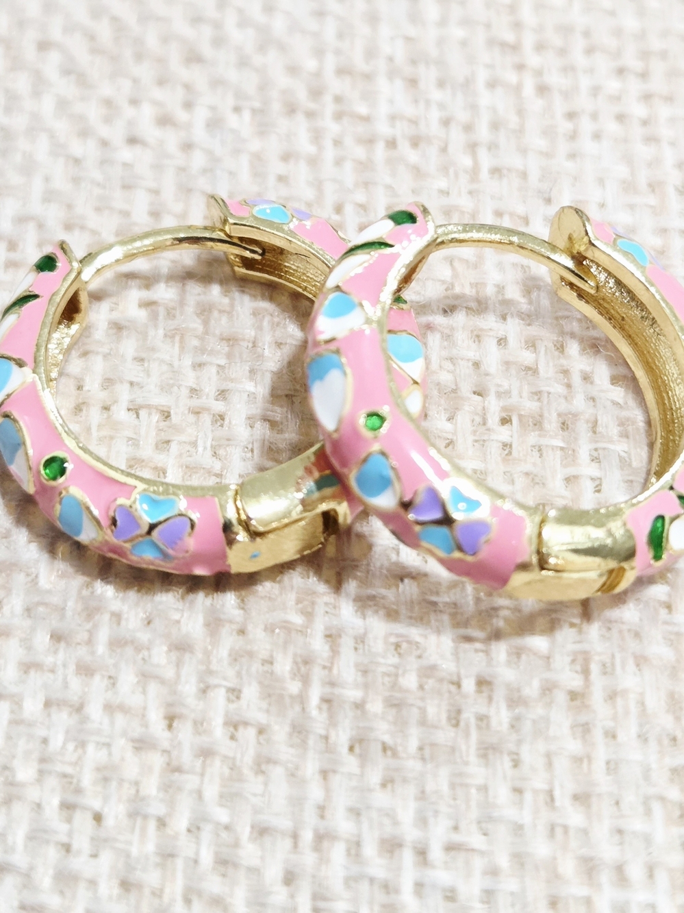 Gold-filled Pink Enamel Floral Hoop Earrings